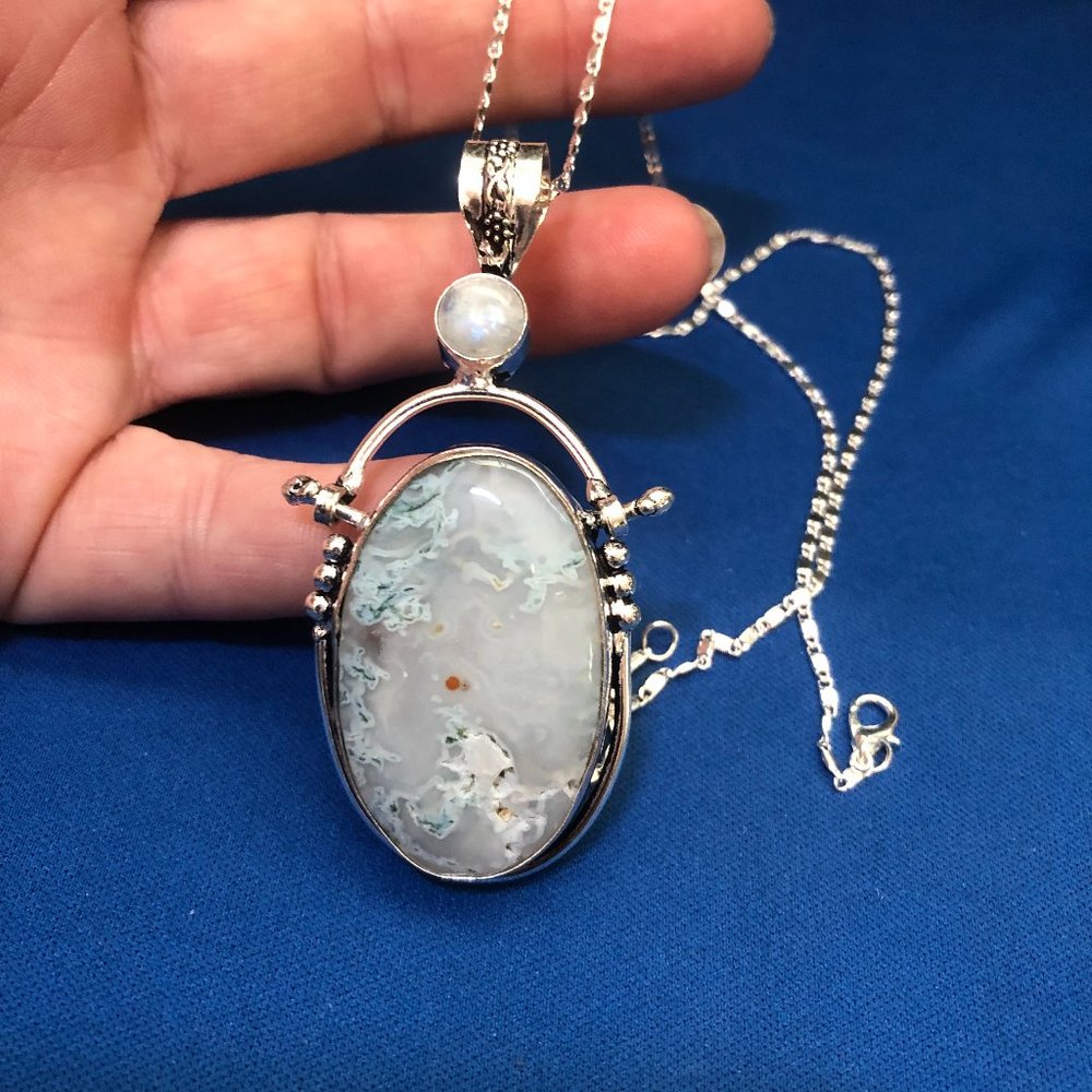 Handmade Moss Agate + Rainbow Moonstone Gemstone 925 Necklace.